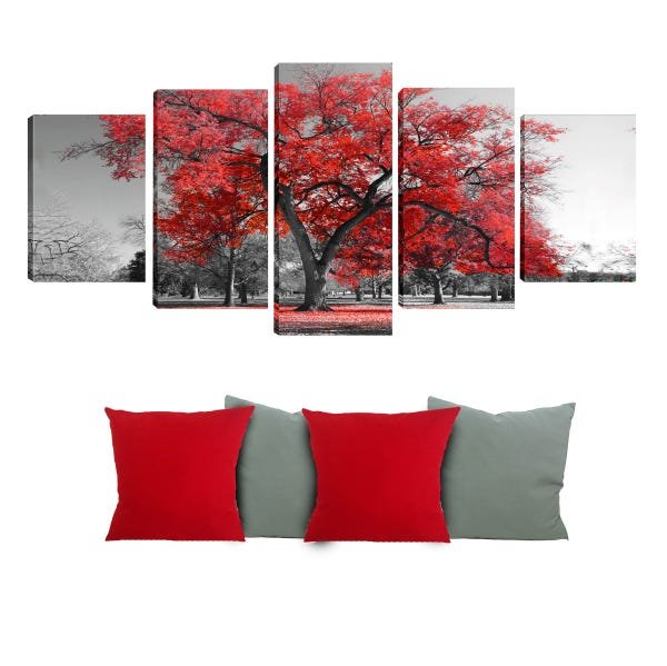 Quadro 70x150cm em Impressão Digital + 4 capas de almofadas - Árvore Vermelha Atelier Valverde - 1