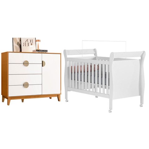 Berço Americano Slim com Cômoda Sapateira Ipe Branco Cinamomo - Móveis Albatroz