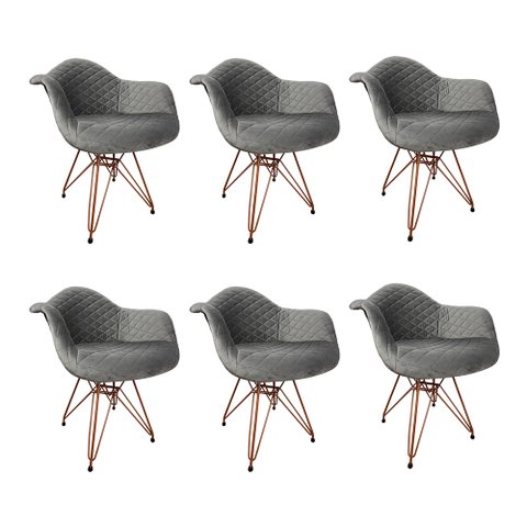 Kit 6 Poltronas Jantar Eames Eiffel Estofadas Cinza Base Cobre