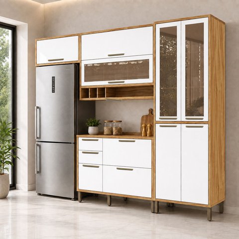 Cozinha Compacta Modulada 100% MDF 4 Peças 9 Portas 3 Gavetas e Vidro 274cm Vicenza Espresso Móveis Branco/Amêndoa