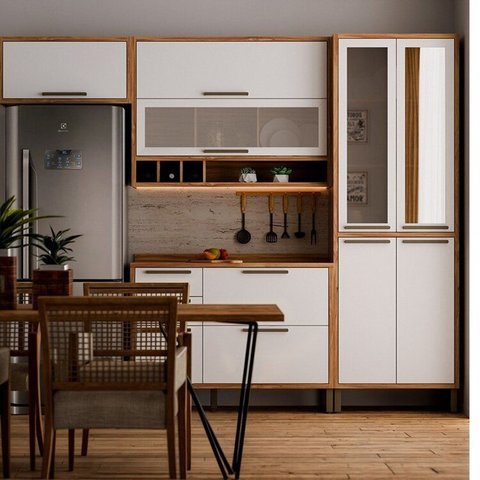 Cozinha Compacta Modulada 100% MDF 4 Peças 9 Portas 3 Gavetas e Vidro 274cm Vicenza Espresso Móveis Branco/Amêndoa