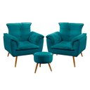 Ver imagem 1 de Kit 2 Poltronas Beta com Puff Solar Suede Azul Turquesa Aradecor
