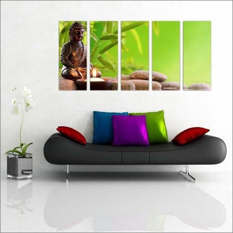 Quadro Decorativo Buda Budismo Budista Salas Interiores Mosaico 5 Peças Com Moldura