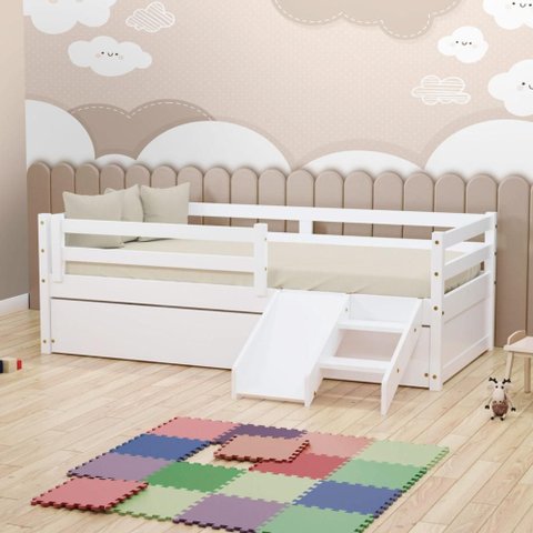 Bicama Solteiro Dreams Grade de Proteção e Mini Escada/escorregador Branco Megamobilia