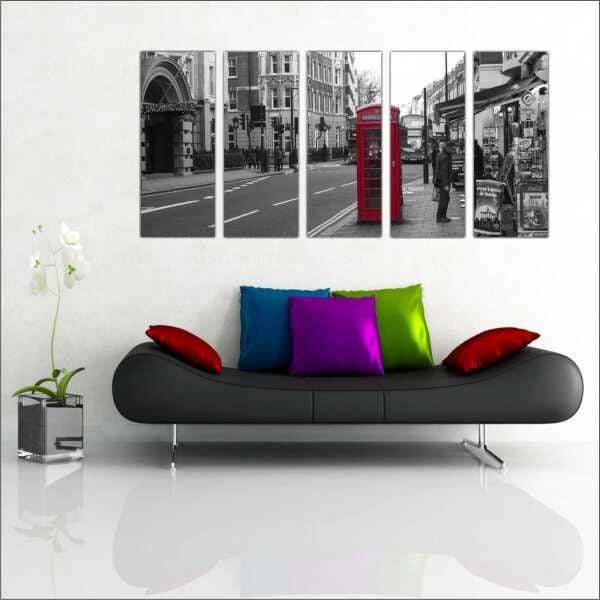 Quadro Decorativo Cidade Inglaterra Londres Salas Interiores Mosaico 5 Peças Com Moldura - 1