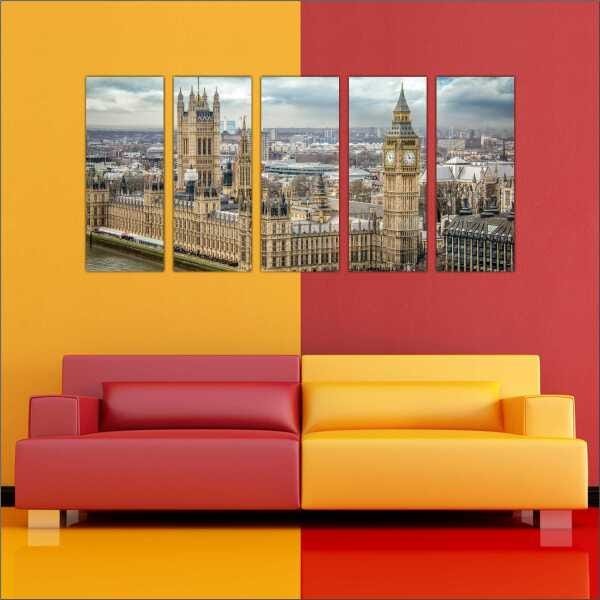 Quadro Decorativo Cidade Inglaterra Londres Salas Interiores Mosaico 5 Peças Com Moldura - 2