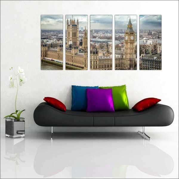 Quadro Decorativo Cidade Inglaterra Londres Salas Interiores Mosaico 5 Peças Com Moldura - 1