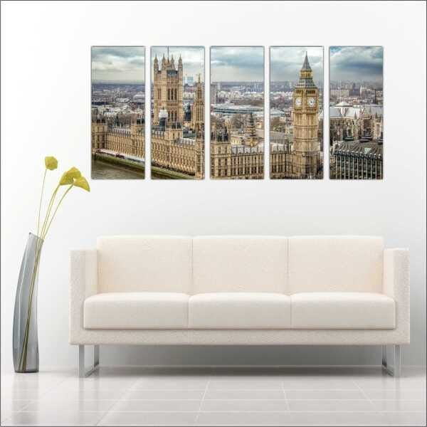 Quadro Decorativo Cidade Inglaterra Londres Salas Interiores Mosaico 5 Peças Com Moldura - 3