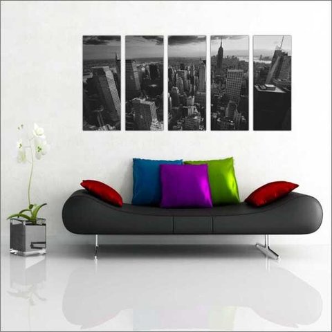 Quadro Decorativo Cidade Nova Iorque Ponte Salas Interiores Mosaico 5 Peças Com Moldura
