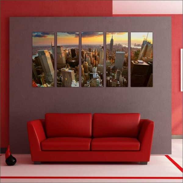 Quadro Decorativo Cidade Nova Iorque Ponte Salas Interiores Mosaico 5 Peças Com Moldura - 4