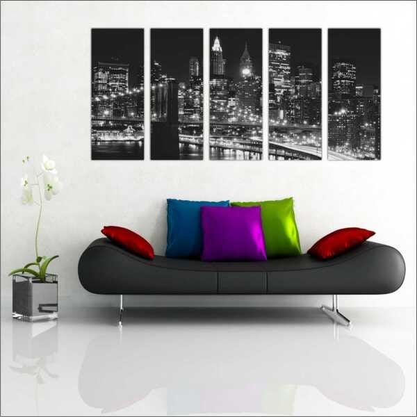 Quadro Decorativo Cidade Nova Iorque Ponte Salas Interiores Mosaico 5 Peças Com Moldura - 4