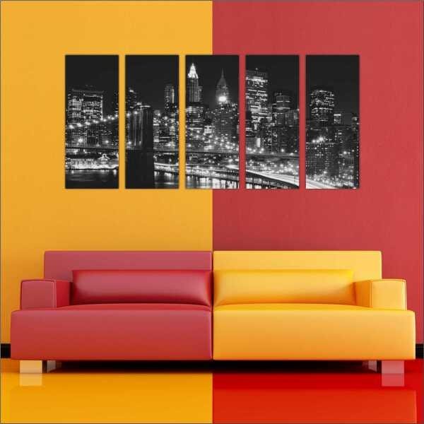 Quadro Decorativo Cidade Nova Iorque Ponte Salas Interiores Mosaico 5 Peças Com Moldura - 1