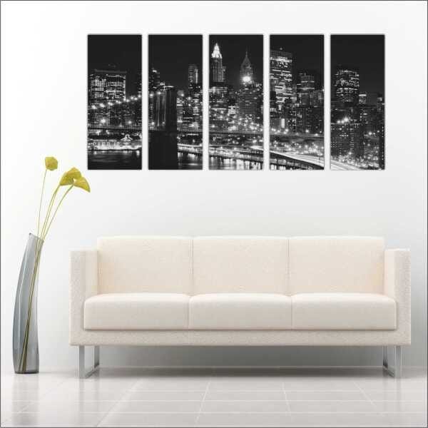 Quadro Decorativo Cidade Nova Iorque Ponte Salas Interiores Mosaico 5 Peças Com Moldura - 2