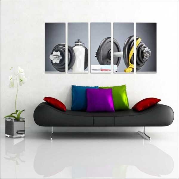Quadro Decorativo Academias Fitness Pilates Musculação Salas Interiores Mosaico 5 Peças Com Moldura - 1