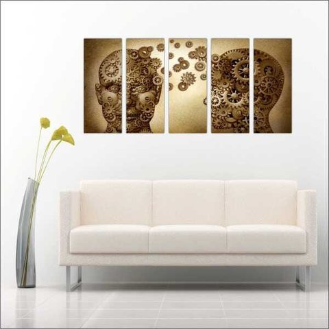 Quadro Decorativo Psicologia Cérebro Psiquiatria Consultórios Interiores Mosaico 5 Peças Com Moldura