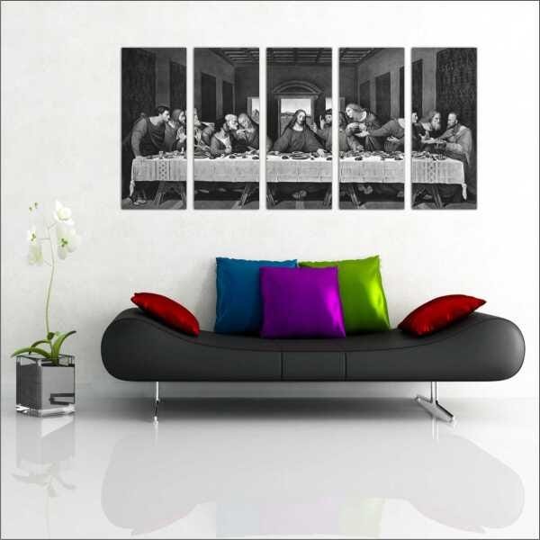 Quadro Decorativo Santa Ceia Jesus Apóstolos Religiosidade Salas Interiores 5 Peças Com Moldura - 1