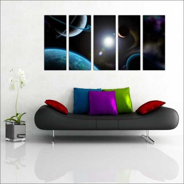 Quadro Decorativo Universo Planetas Galáxias Estrelas Cosmos Espaço Mosaico 5 Peças Com Moldura - 3