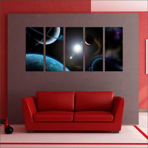 Quadro Decorativo Universo Planetas Galáxias Estrelas Cosmos Espaço Mosaico 5 Peças Com Moldura - 2