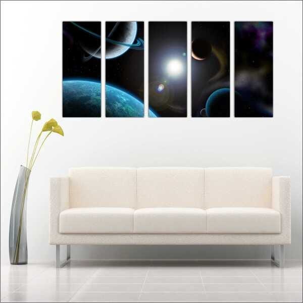Quadro Decorativo Universo Planetas Galáxias Estrelas Cosmos Espaço Mosaico 5 Peças Com Moldura - 1