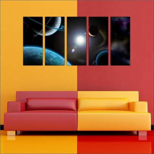 Quadro Decorativo Universo Planetas Galáxias Estrelas Cosmos Espaço Mosaico 5 Peças Com Moldura - 4