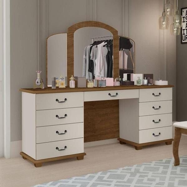 Penteadeira Camarim com Espelho e Porta Joias 100% Mdf Berlim Malbec Off White Menor preço em Penteadeira Camarim com Espelho e Porta Joias 100% Mdf Berlim Malbec Off White