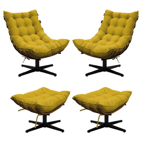 Kit 02 Poltronas e 02 Puffs Costela Mr01 Base Giratória Suede - Doce Sonho Móveis Kit02p102p2/costel