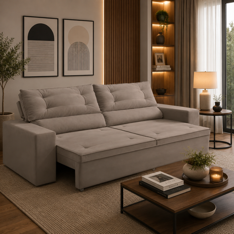 Sofá Retrátil 2 Lug com Molas 1,50m Laila Suede Cappuccino