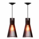 Ver imagem 1 de Kit 2 Luminárias Lustre Pendente Madeira Vazado Aletado Soq E27 13x25cm Cor:café