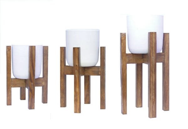 Trio de vasos decorativos Cachepot em barro com suporte de madeira - Marrom - 2