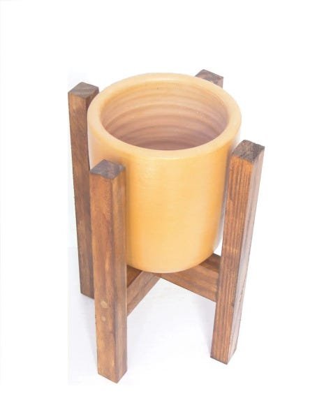 Trio de vasos decorativos Cachepot em barro com suporte de madeira - Marrom - 7