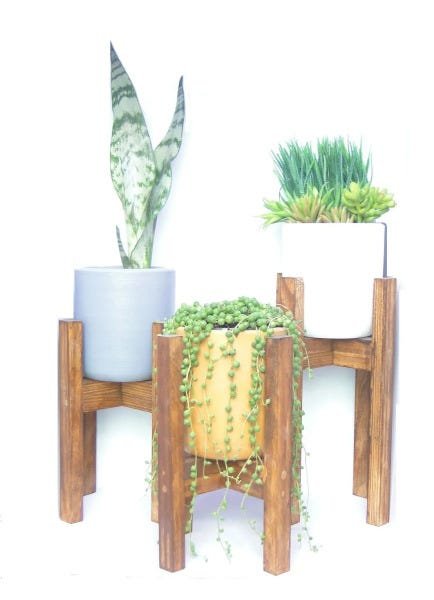 Trio de vasos decorativos Cachepot em barro com suporte de madeira - Marrom - 1