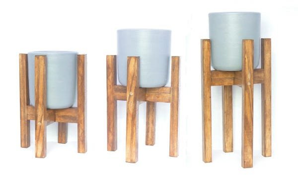 Trio de vasos decorativos Cachepot em barro com suporte de madeira - Marrom - 4