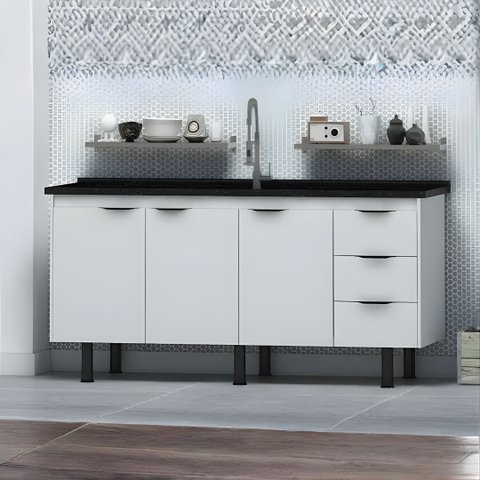 Gabinete Cozinha 3 Portas 3 Gavetas 100% MDF Multiuso 194cm:Branco