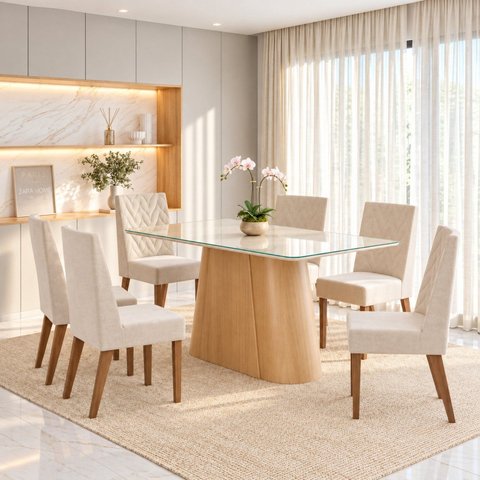 Conjunto Sala de Jantar Mesa Olivia 160cm Tampo MDF e Vidro Canto Arredondado 6 Cadeiras Maitê