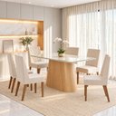 Ver imagem 1 de Conjunto Sala de Jantar Mesa Olivia 160cm Tampo MDF e Vidro Canto Arredondado 6 Cadeiras Maitê