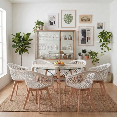 Kit Mesa Eames Vidro 110cm + 6 Cadeiras Web Wood - Seat&Co