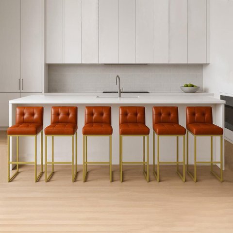 Banqueta Cozinha Alta com Encosto Industrial Kit 6 Dourado Lirina Pu Nozes C05 - D'Rossi