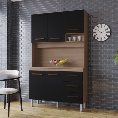 Kit Cozinha Compacta Vitória 118 cm 4 Portas 3 Gavetas Moblis: Savana Preto