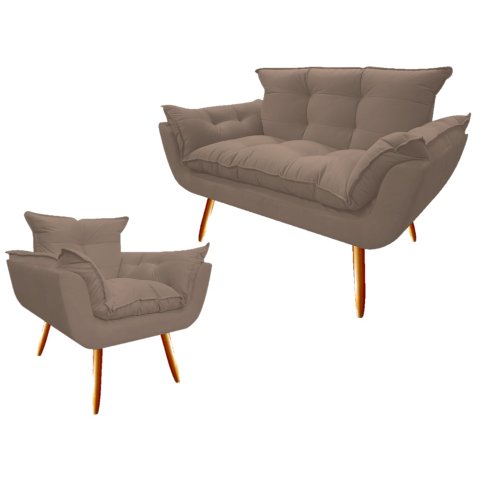 Kit Namoradeira + Poltrona Decorativa Opala Suede Capuccino Pés Madeira Ms Decor