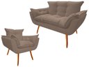 Ver imagem 1 de Kit Namoradeira + Poltrona Decorativa Opala Suede Capuccino Pés Madeira Ms Decor