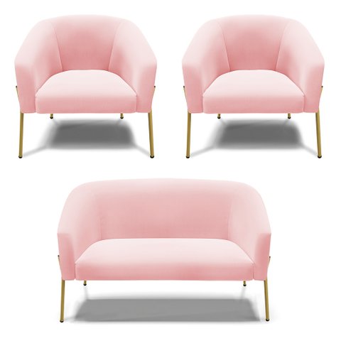 Sofá Namoradeira e 2 Poltronas Pé de Ferro Dourado Stella Suede D03 - D'Rossi Rosa Bebê