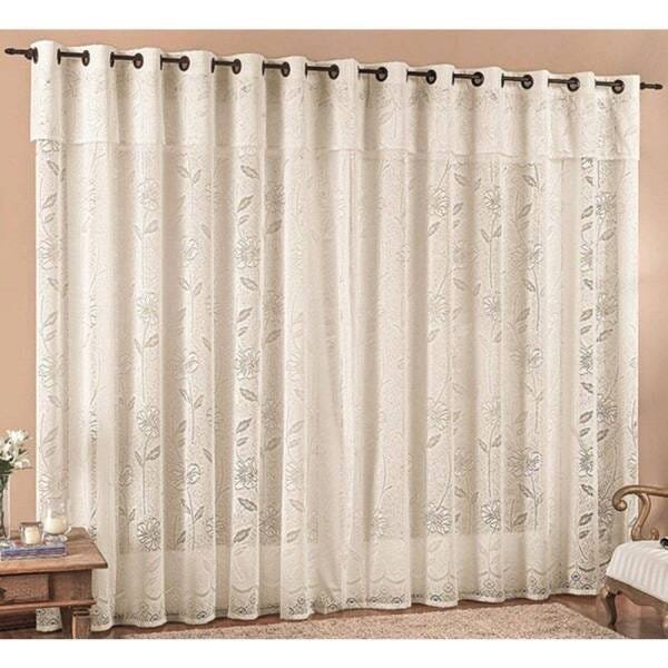 Cortina Para Quarto Palha Rendada Floral Com Brandô Varão Simples 2,00 Metros - 1