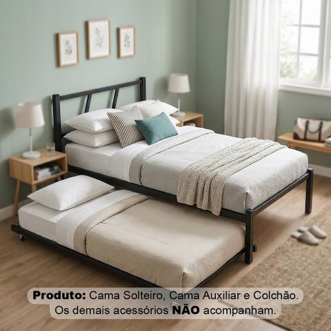 Cama Solteiro Ferro Bruna 100% Aço Industrial Reforçada com Cama Auxiliar e Colchão - Preto