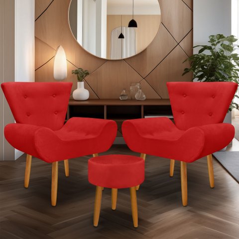 Kit 2 Poltrona Emilia +puff Redondo Decorativo:vermelho