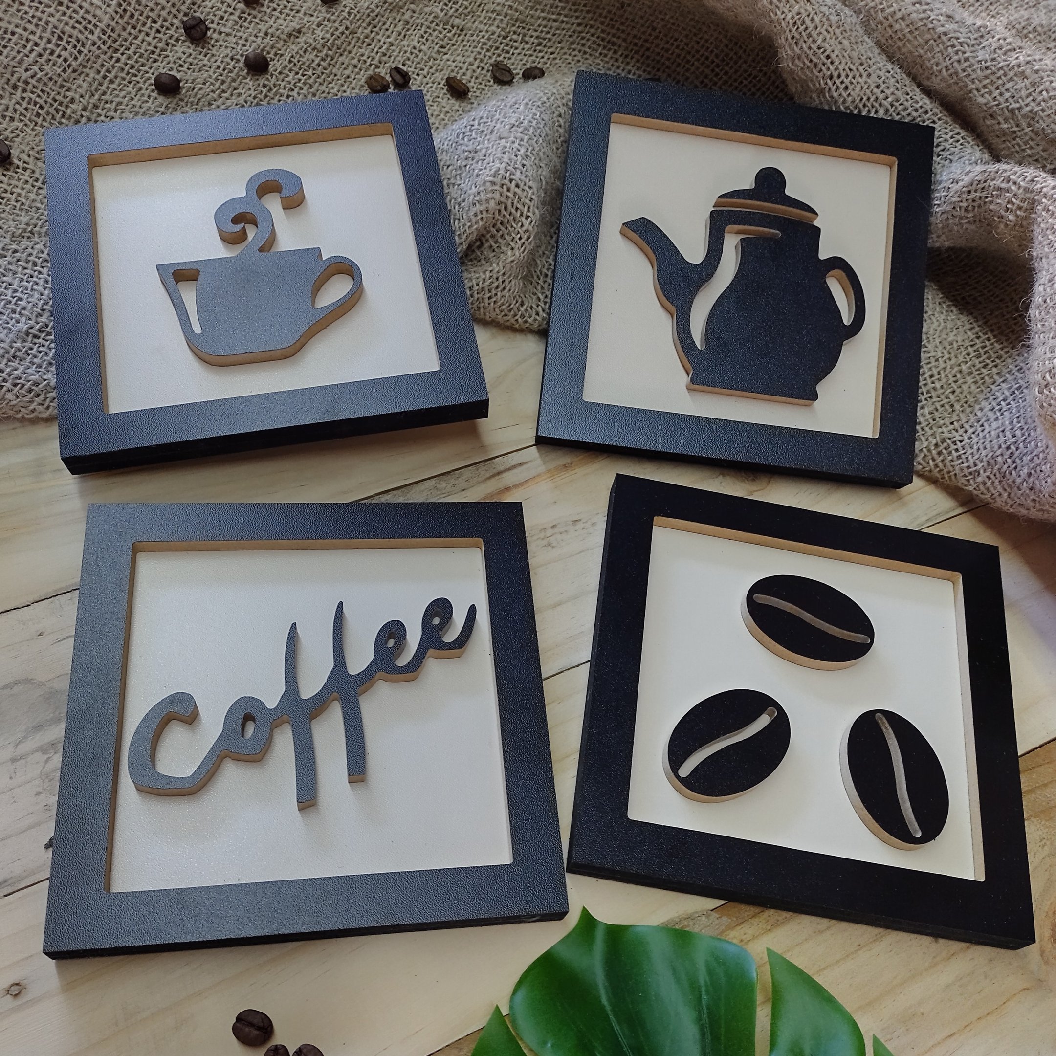 4 Quadros Decorativos Cantinho do Café MDF em Relevo:Bege - 3