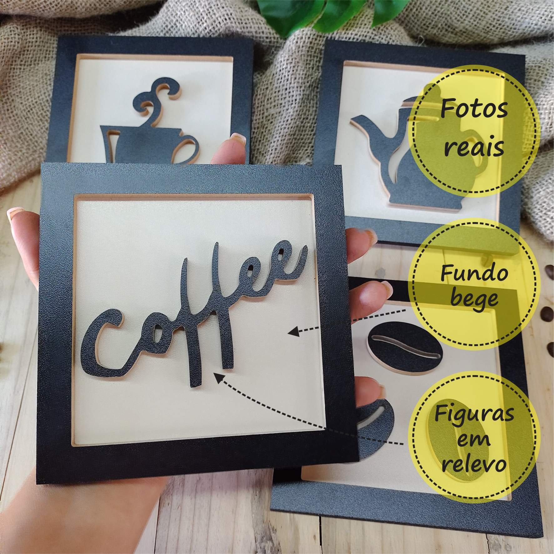 4 Quadros Decorativos Cantinho do Café MDF em Relevo:Bege - 4