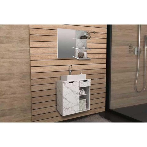 Conjunto de Banheiro Armário C/ Espelho Bn3608 e Balcão Suspenso Bn3605 C/ Cuba Pia Bn3600 60cm