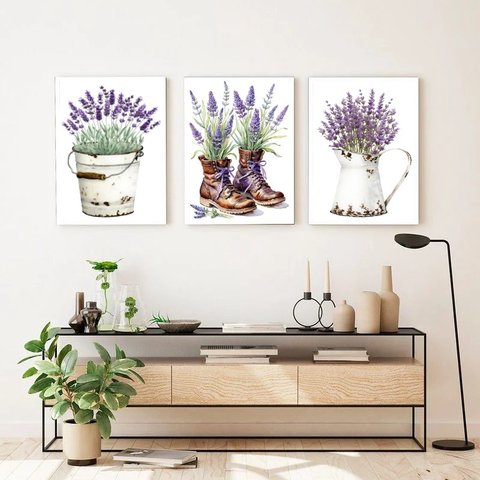 Kit 3 Quadros Jardim - Lavanda 24x18cm:moldura Branca
