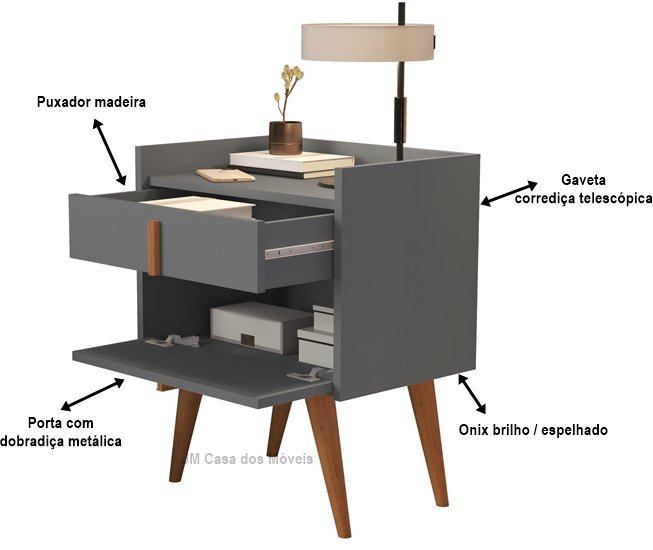 Mesa de Cabeceira Denise 1 Gaveta 1 Porta Pés Palito Onix - Comprar Moveis em Casa - 4