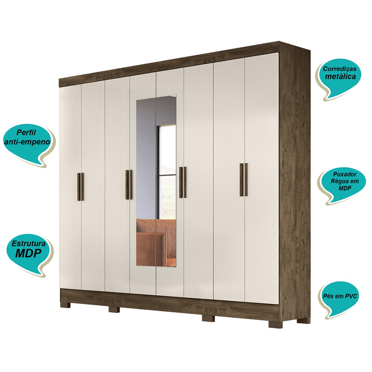 Guarda Roupa Diplomata 236cm 8 Portas Castanho Wood Off White com Espelho Moval - 5